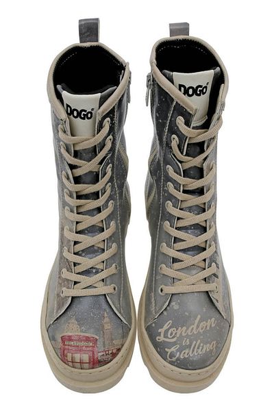 Dogo Women's Vegan Leather Gray Zippered Long Boots - London Is Calling Design