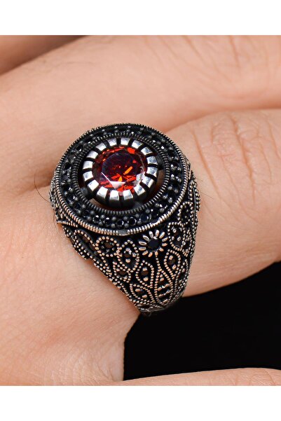 Prestige 925 Ayar Gümüş Erkek Yüzüğü Kırmızı Zirkon Taşlı Zirkon Taş Süslemeli