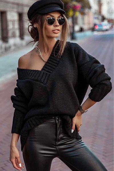 Madmext Mad Girls Pulover de damă supradimensionat cu decolteu în V negru Mg766