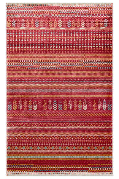 Vog Halı Efsun El Emeği Kırmızı Etnik Çizgili Desen Lyocell Özel Tezgah Saçak...