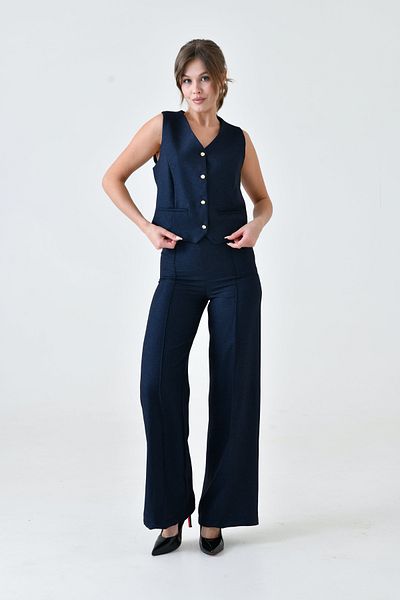 WOMAN VISION Women's Navy Blue Lined Wool Effect Fabric Button down Vest and Wide Leg Pants Double Suit 9111