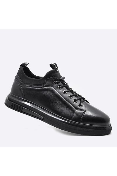 Fosco Black Genuine Leather Sneakers - Men's Shoes 9974