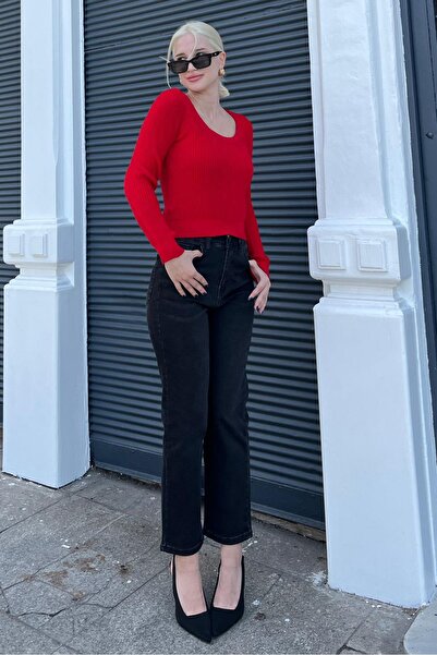 Madmext Kırmızı Bisiklet Yaka Basic Örme Kazak MG2189