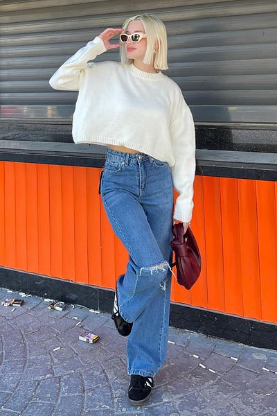 Madmext Pulover de damă Crew Neck Cream Crop - MG2166