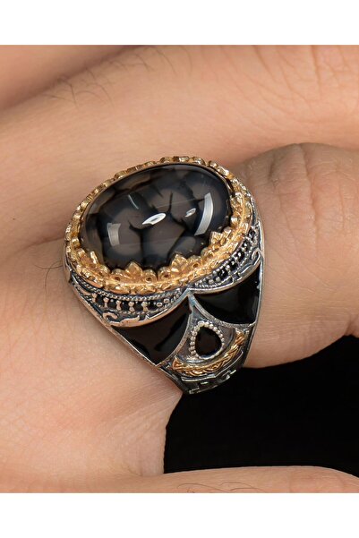 Prestige 925 Ayar Gümüş Erkek Yüzüğü Akik Taşlı Zirkon Taş Süslemeli 800333