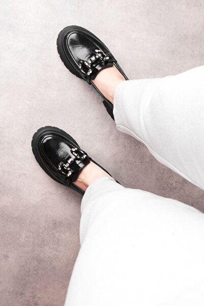 MY DERİ Comfort Kadın Hakiki Deri Taş Detaylı Loafer Ayakkabı