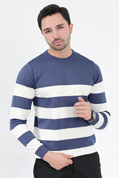 JB John Borners Erkek Triko Kazak Koyu Mavi Çizgili Bisiklet Yaka Mikro Flament - 1009