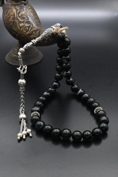 Prestige 925 проба срібний чотки - чорний агат, з китицями, 10 мм кулястий ви...