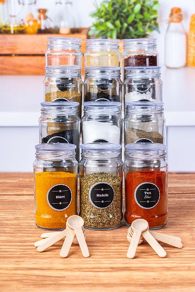 KRM HOME 12-Piece Luxury Spice Set with Label, Vacuum Lid and Spoon 330 ml