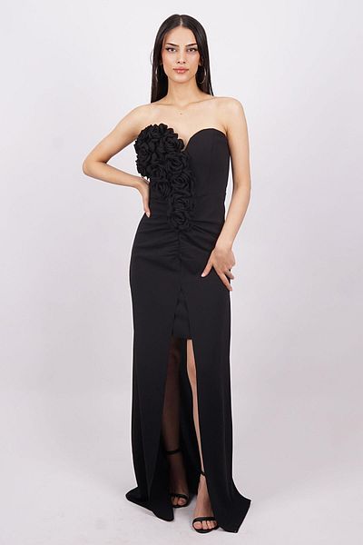 SpringStore Rochie de seară fără bretele cu detalii florale negre