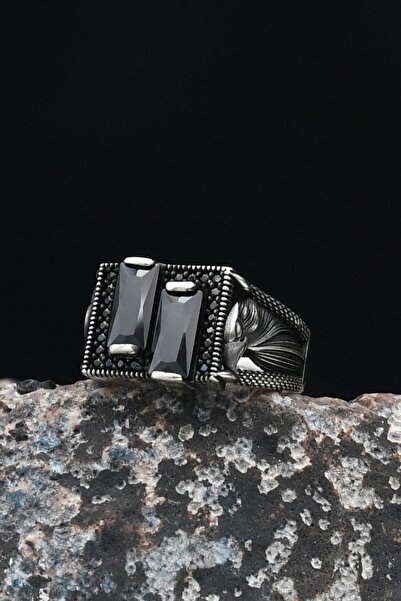 Prestige Kartal Figürlü Siyah Baget Taşlı 925 Ayar Gümüş Erkek Yüzüğü 901034