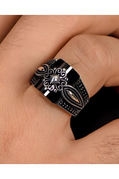 Prestige 925 Ayar Gümüş Erkek Yüzüğü Siyah Zirkon Taşlı Zirkon Taş Süslemeli ...