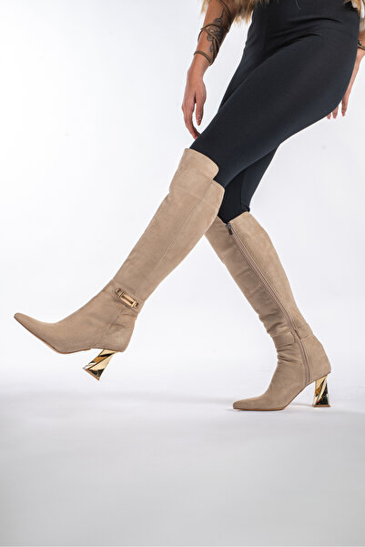 AYAKKABI PRENSİ Thalia Buckle Detailed Skin Suede Suede 8 cm Women's Boots, Heeled Boots