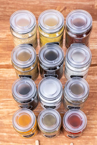 KRM HOME 12-Piece Luxury Spice Set with Label, Vacuum Lid and Spoon 330 ml