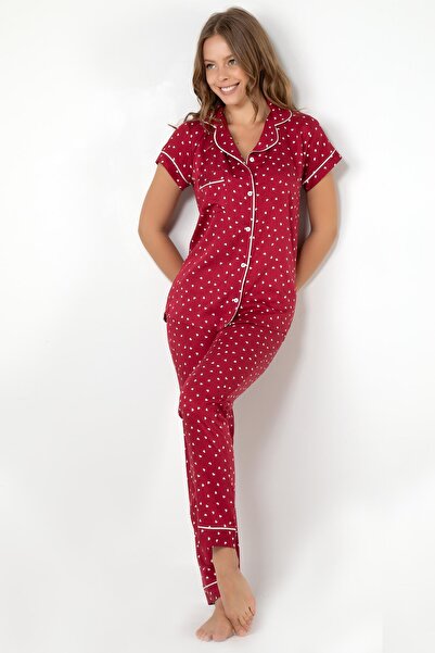 Doremi Burgundy Heart Patterned Short Sleeve Pajamas Set