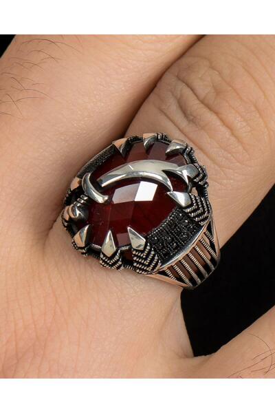Prestige Zülfikar Figürlü 925 Ayar Gümüş Erkek Yüzüğü Kırmızı Zirkon Taşlı 80...