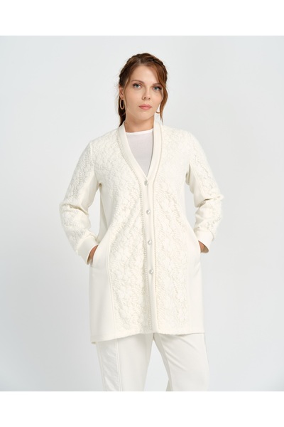 FUAT GÜRSEN Garnisi Boncuk İşlemeli Küpür Detaylı Uzun Hırka