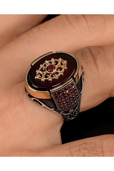 Prestige 925 Ayar Gümüş Erkek Yüzüğü Akik Taşlı Zirkon Taş Süslemeli 1200270