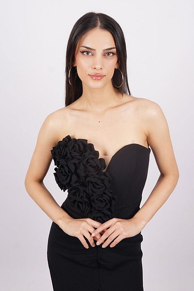 SpringStore Rochie de seară fără bretele cu detalii florale negre