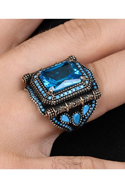 Prestige Aquamarine (Aqua Marin) Taşlı Zirkon Taş Süslemeli 925 Ayar Gümüş Er...