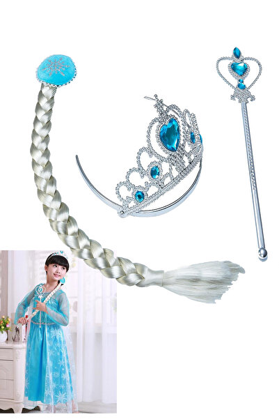 Parti dolabı Frozen Elsa Hair Crown Wand Set,Snowland Long Hair Snowland Crown Set