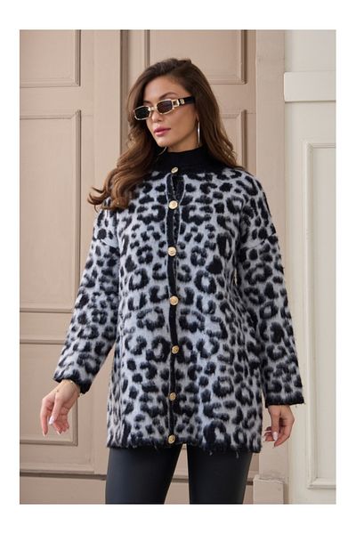 Elif Özbey Butik Gray Black Leopard Wool Effect Cardigan