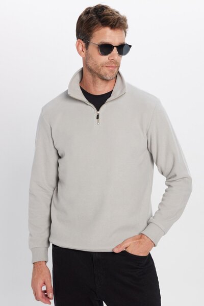 Tudors Φούτερ Unisex Relax Fit Άνετη εφαρμογή από βαμβακερό ύφασμα με μισό φερμουάρ σε γκρι όρθιο γιακά