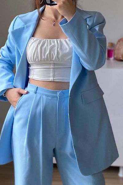 meqlife Baby Blue Double Crepe Fabric - Jacket, Dress, Pants and Abaya