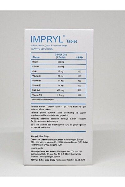 Partogen IMPRYL L-Sitin, Betain, Çinko, B Vitaminleri İçeren Takviye Edici Gıda