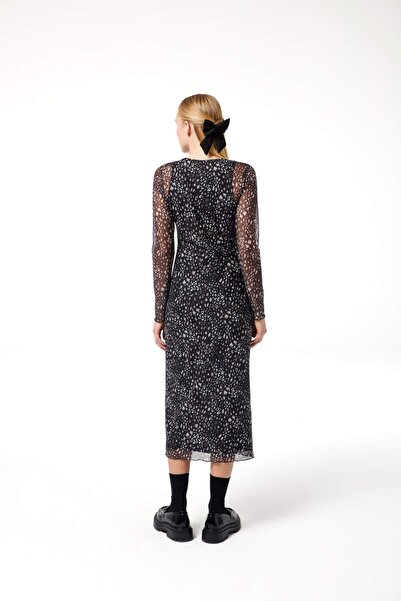 Evermade Leopard Patterned Lined Midi Length Mesh Dress