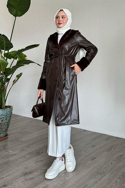 InStyle Δερμάτινη καμπαρντίνα Bitter Brown με λεπτομέρεια από γούνα