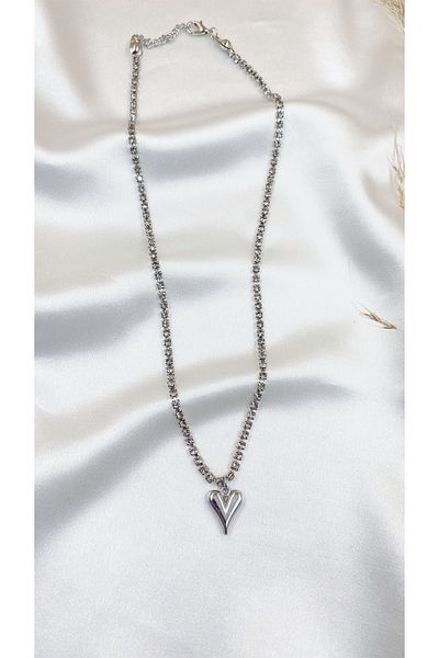 Eylülün Takısı Silver Color Stone Chain Heart Necklace
