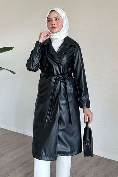 InStyle Trenci din piele neagră - cu centură și potrivire subțire