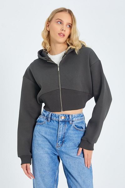 Mixray 4595 Dark Khaki Γυναικείο Crop φούτερ - Με κουκούλα και φερμουάρ