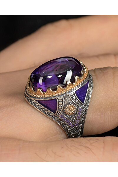Prestige Ametist Taşlı 925 Ayar Gümüş Erkek Yüzüğü Zirkon Taş Süslemeli 800343