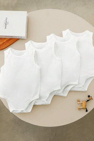 MADALİNA 100% Cotton Set of 4 Zero Sleeve Cream Color Baby Bodysuit