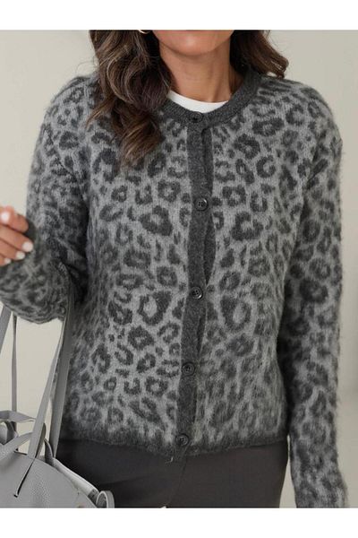 YouLikeButik Woolen Leopard Pattern Cardigan