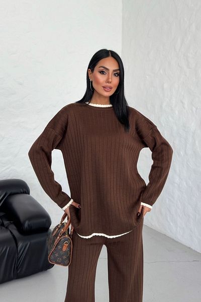 Know Women's Brown Collar Detail Crew Neck Bottom-Top Knitwear Set