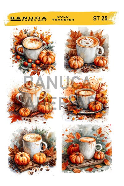 Banuca Paper Art ST25 Balkabağı, Fincan Desenli 25*35 cm Açık Zemin Sulu Tran...