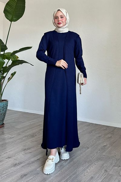 InStyle Navy Blue Knitwear Set with Brooch Detail Vest