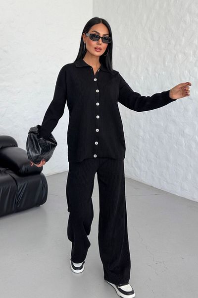 Know Women's Black Shirt Collar Buttoned Bottom-Top Knitwear Set