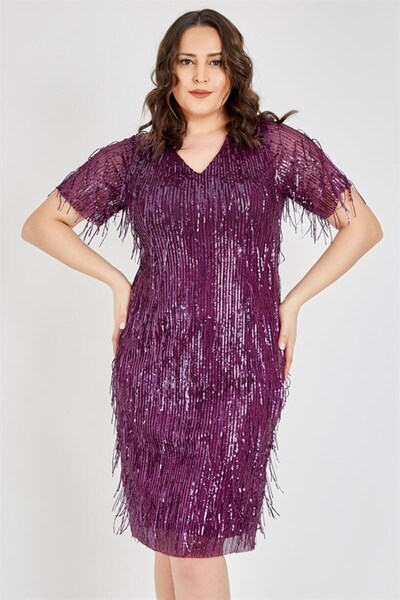 Ladies First Büyük Beden 3366 Mürdüm Kısa Abiye Elbise