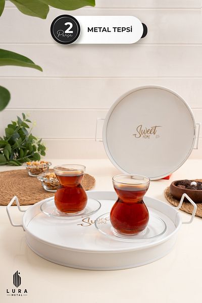 Skygo مجموعة من 2 صينية شاي معدنية مطبوعة باللون الأبيض "Sweet Home" - تصميم أنيق ومتين مقاس 25 سم
