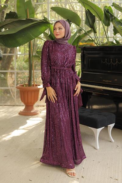 hakimoda Tesettür Arven Payetli Abiye Fuşya