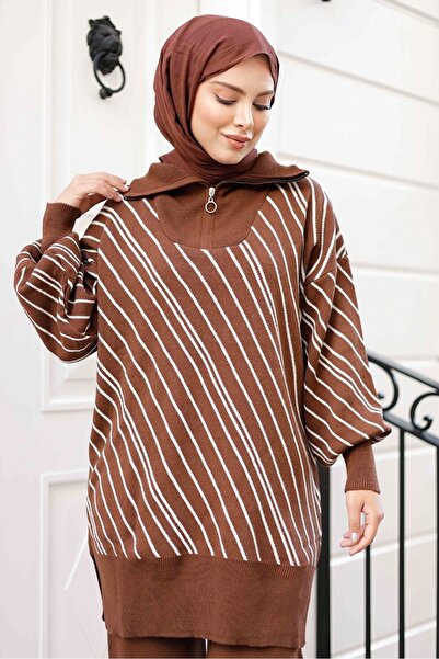Bestenur Yasemen Tunic Pants Knitwear Set 1263 - Brown