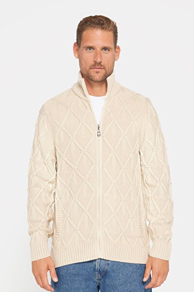Tudors Erkek Slim Fit Desenli Dik Yaka  Fermuarlı Bej Hırka