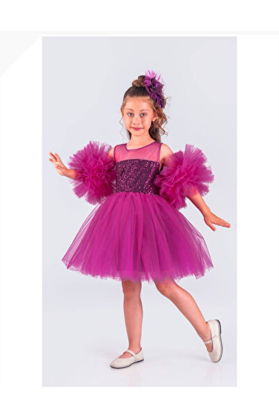 zeyamoda kids فستان بناتي بأكمام بالونية مزين بالترتر