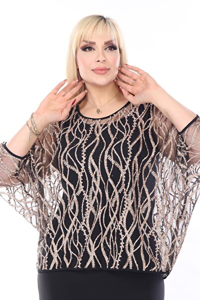 Ladies First طقم بلوزة وبادي مقاس كبير 3863 باللون الأسود والذهبي