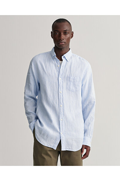 Gant Erkek Mavi Regular Fit Çizgili Keten Gömlek