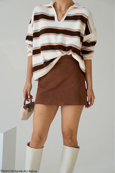 Lupies Women's Striped Polo Neck Knitwear Sweater